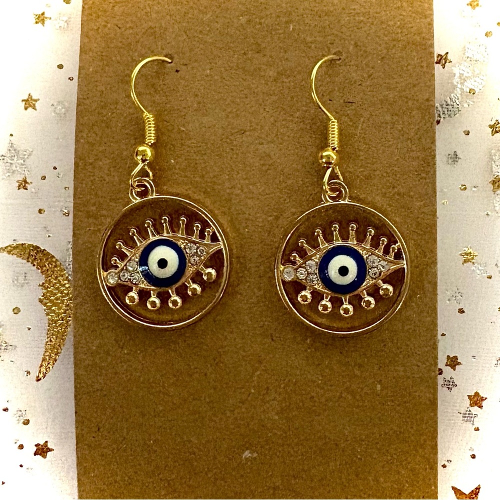Dazzling Mystic Gold and Blue CZ and Enamel Evil Eye Earrings